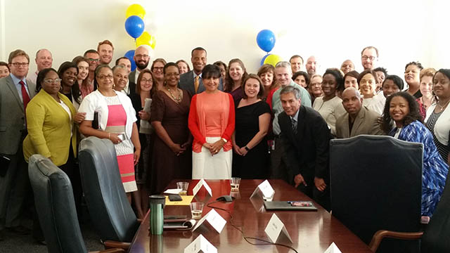 Secretary Pritzker with EDA staff for EDA's 50th anniversary celebration