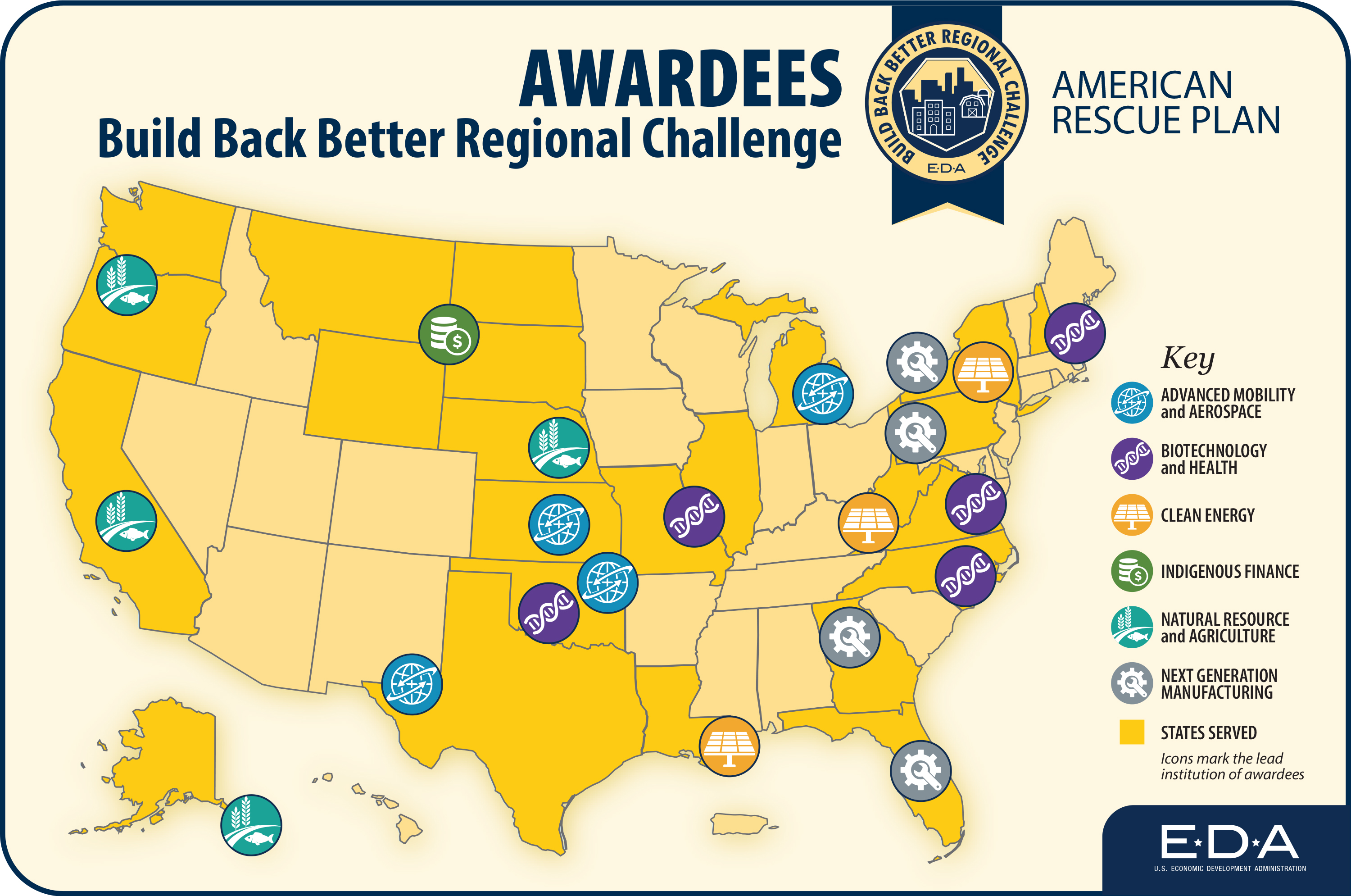 Build Back Better Regional Challenge map of awardees