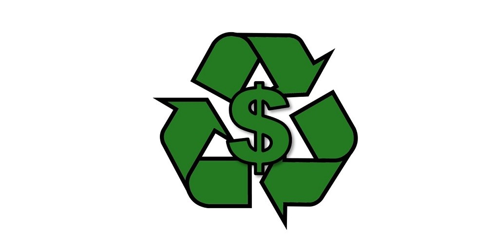 Graphic: recycle symbol with dollar sign in the middle