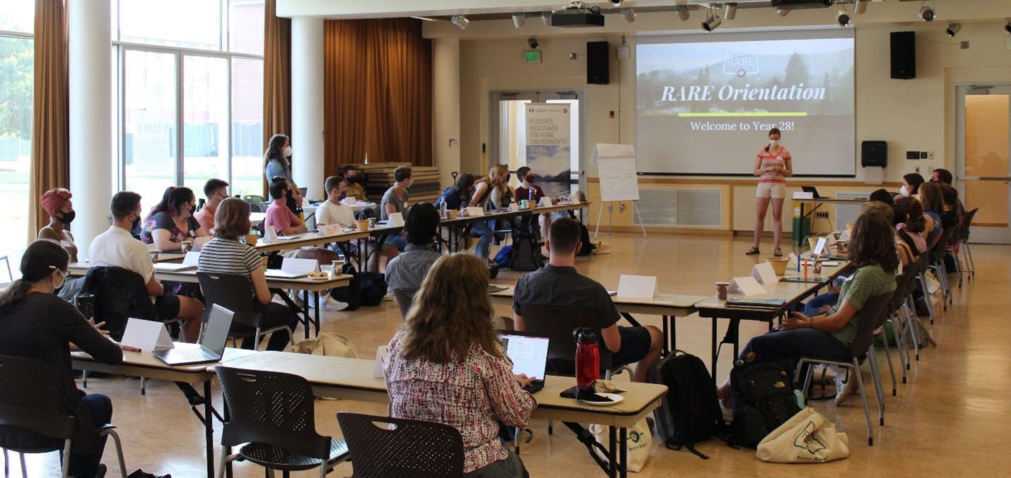 The University of Oregon’s Resource Assistance for Rural Environments (RARE) fellows undergo training prior to deployment. RARE fellows expand the geographic reach of the university’s economic development expertise well beyond UO’s Eugene campus.