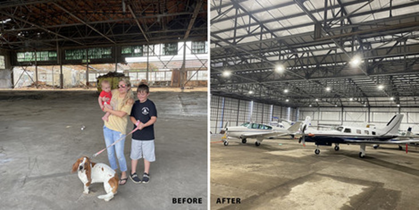 These photos by Mike Williamson show the hangar both prior to this project and after the restoration was completed.