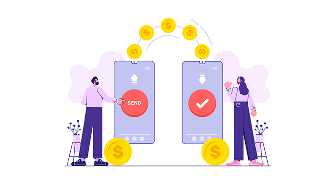 Illustration of two people using mobile phones to send and receive money, with coins moving between the devices.