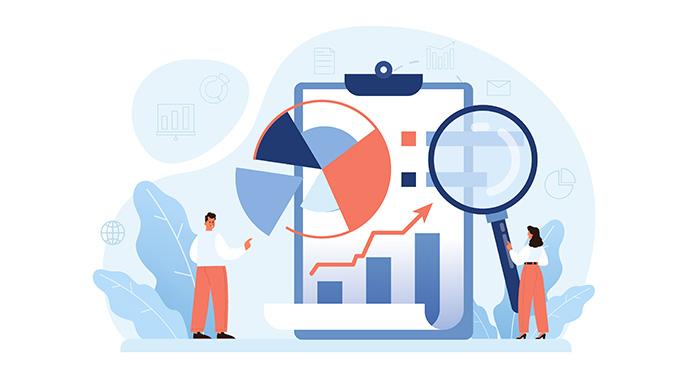 Illustration of two people reviewing charts and graphs on a large clipboard, including a pie chart and bar graph, symbolizing data analysis and reporting.
