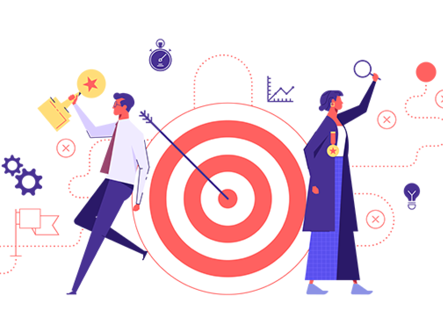 Illustration of two people standing beside a large target, symbolizing achieving goals, with icons representing planning, analysis, and strategy around them