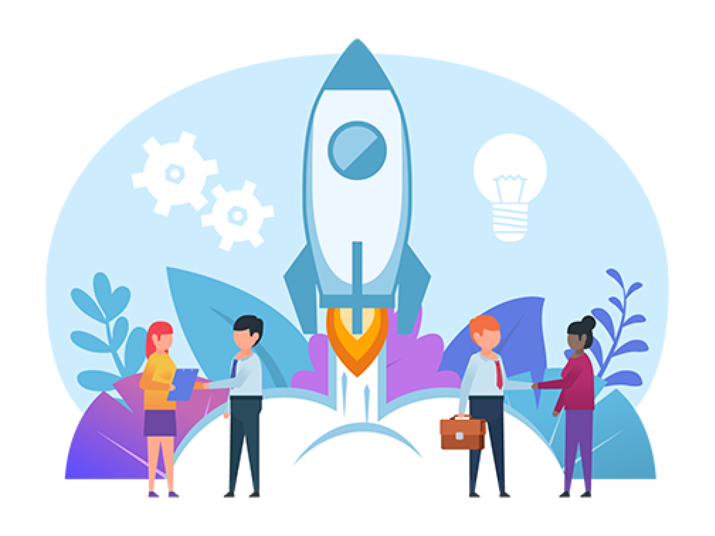 Illustration of a rocket launching with four people standing around it, symbolizing teamwork and starting new projects